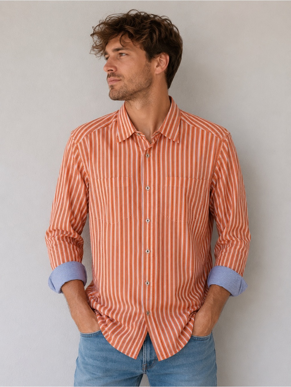 Tommy Bahama Men's Orange and White Striped Button-Down Shirt
